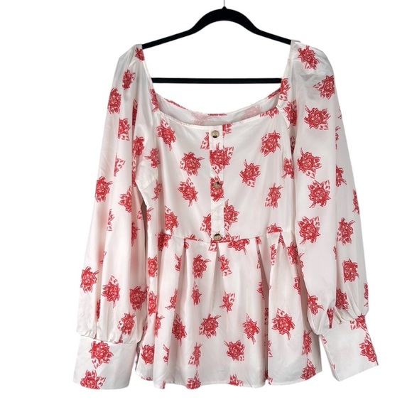 SHEIN White & Red Floral Flowy Boho Summer Casual Top Size XL - Picture 1 of 6